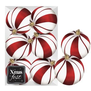 Μπάλες Λευκές με Κόκκινες Ρίγες πακ=6τεμ φ8 ø8cm Xmasfest 1133596