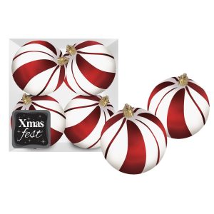 Μπάλες Λευκές με Κόκκινες Ρίγες πακ=4τεμ φ10 ø10cm Xmasfest 1133597